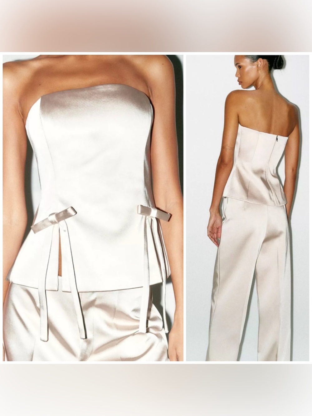 Zara Cream Satin Strapless Bustier Top Bow Tie Detail Size XXL 2XL Structured - Picture 2 of 11